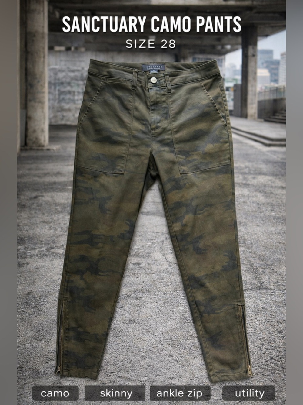 Sanctuary Camo Pants Size 28 Green Camouflage Skinny Ankle Zip Utility Pants